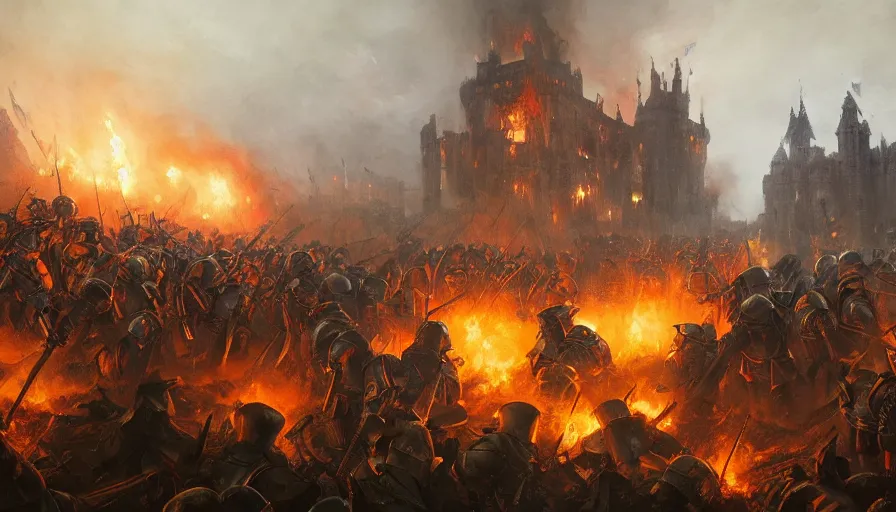 Image similar to 1 7 0 0's painting of huge war between knights and zombies in england, burning castle, hyperdetailed, artstation, cgsociety, 8 k
