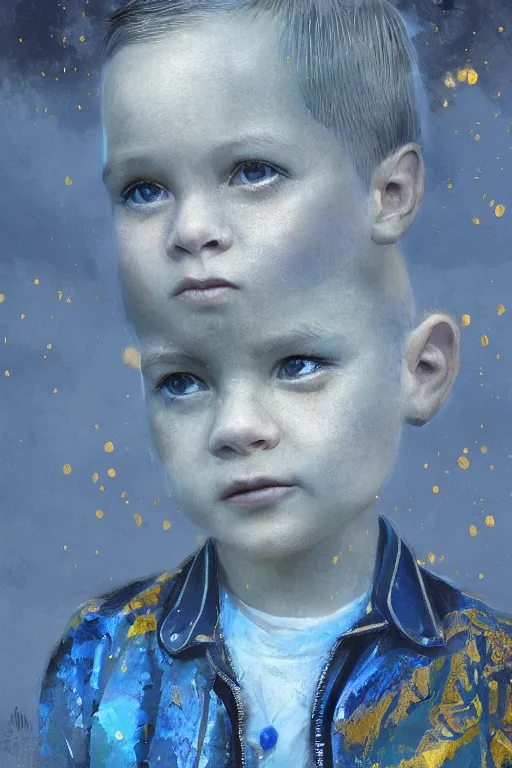 Image similar to little boy, close - up portrait, the portrait is decorated with blue and gold art deco patterns, powerfull, intricate, elegant, volumetric lighting, scenery, digital painting, highly detailed, artstation, sharp focus, illustration, concept art, ruan jia, steve mccurry