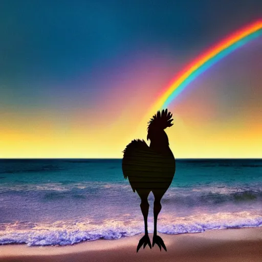 Prompt: a photo of a rooster wearing a fedora standing on a unicorn at the beach, detailed, vibrant, magical, realism, rainbow, sunset, clear, 8k, hd, award winning image