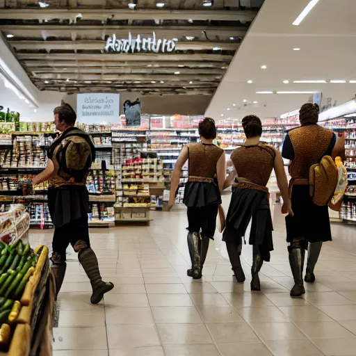 Prompt: professional photograph of a group of ancient Roman soldiers walking around inside of a contemporary grocery store, 8k, dslr, cinematic,