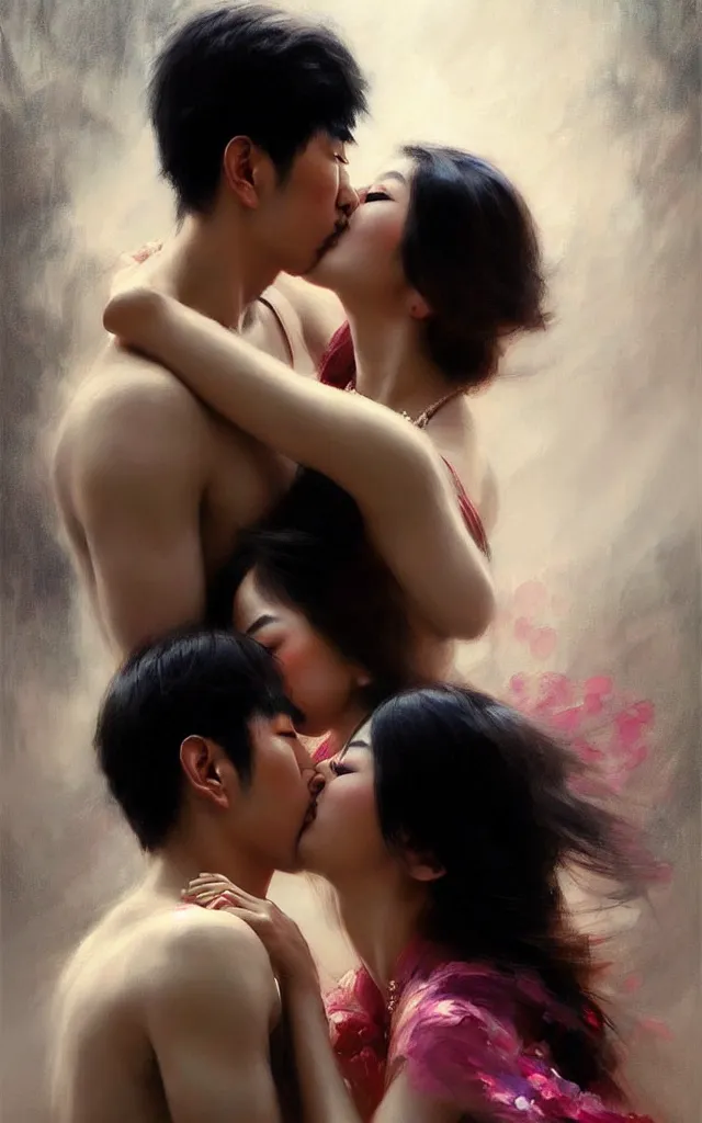 Image similar to photography of asian couples kissing each other, deep focus, volumetric light, colourful, sharp, detailed, digital painting by rolf armstrong, jeremy lipkin and michael garmash, rob rey and kentaro miura style, pinterest behance top picks