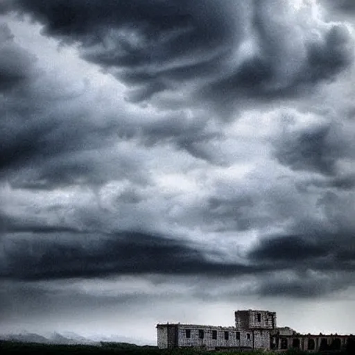 Prompt: a building in a stunning landscape gothic themes storm clouds by ricardo bofill