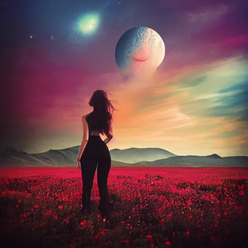 Image similar to A picture of a planet of various colors and plants, in which the human figure is dressed in something magical and impressive, inside the picture is infinity, sunset light, Atmospheric phenomenon, artistic photography, muted colors, conceptual