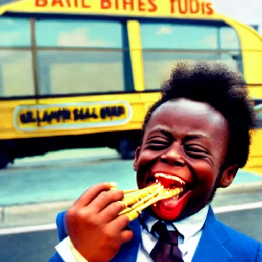 Prompt: giant miles davis smiles as he eats an entire school bus