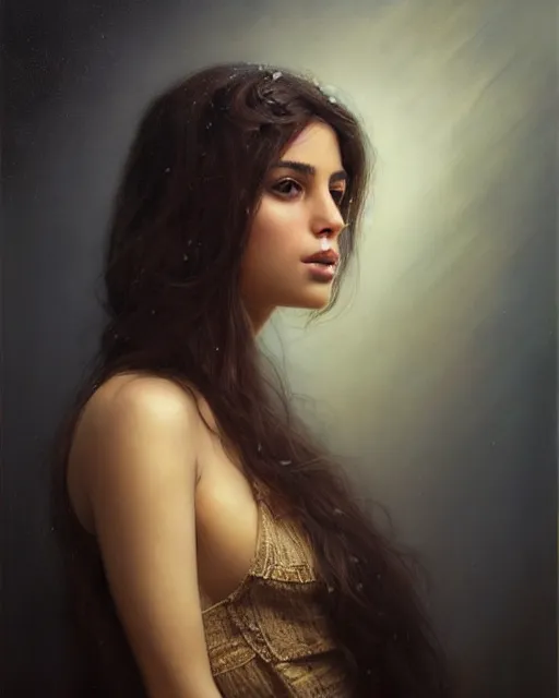 Image similar to a highly realistic, true to life portrait of a beautiful young middle eastern girl, soft focus, from the waist up, with sharp features, a beautiful face, soft smile, under studio lighting, taken with a canon eos camera with 1 3 5 mm focal length, art by karol bak, james jean, tom bagshaw, trending on artstation,