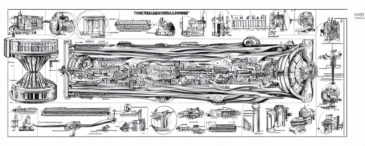 Prompt: a full page schematic diagram illustration of a timemachine, ultra detailed, 4 k, intricate, encyclopedia illustration, fine inking lines