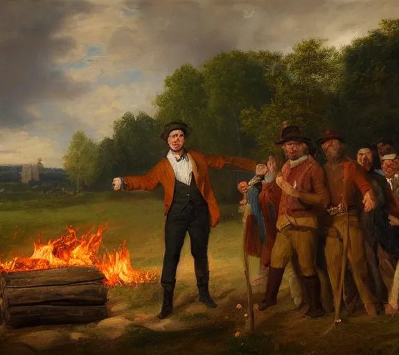 Image similar to landscape portrait of tyler childers throwing his money on a funeral pyre by william sidney mount, trending on artstation