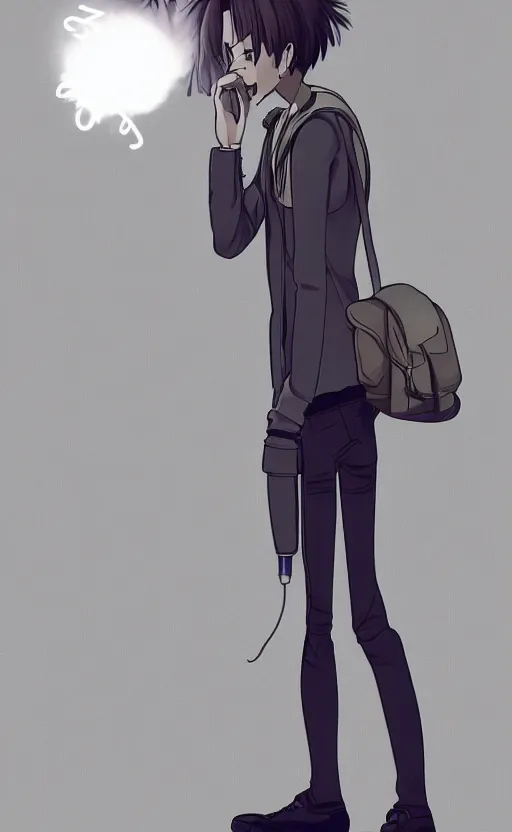 Image similar to Android wearing a school uniform, smoking a cigarette while standing on street corner lit by a neon sign”, full body shot, Digital art, detailed, anime