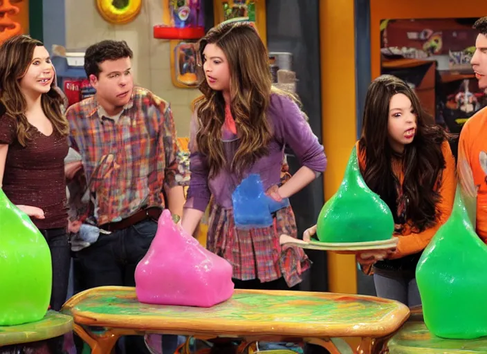 Prompt: the episode of iCarly where everyone gets covered with nickelodeon slime hd