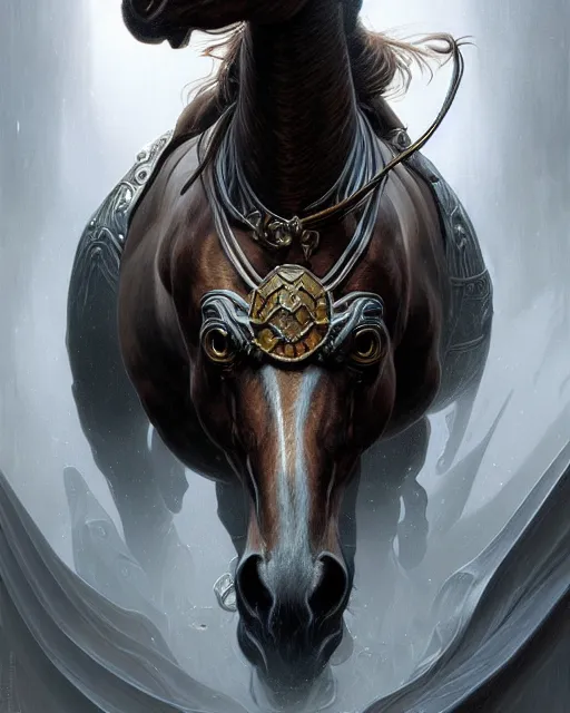 Image similar to horse art by giger, deep focus, d & d, dark fantasy, intricate glow accents, elegant, highly detailed, digital painting, artstation, concept art, matte, sharp focus, 8 k 3 d, hearthstone, art by artgerm and greg rutkowski and alphonse mucha