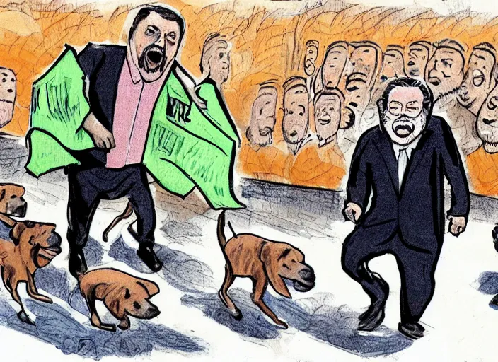 Image similar to Luis Inácio Lula da Silva with prison clothes, running scared from dogs, cartoon drawing