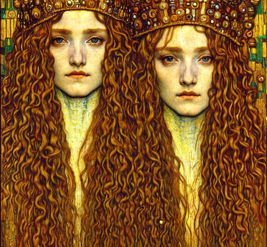 Image similar to detailed realistic beautiful young medieval queen face portrait by jean delville, gustav klimt and vincent van gogh, art nouveau, symbolist, visionary, gothic, pre - raphaelite, muted earthy colors, desaturated