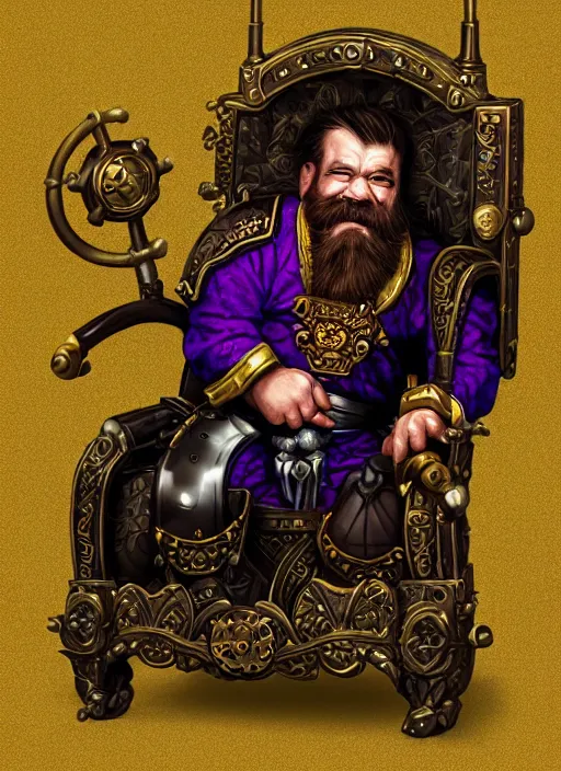 Image similar to dwarf fighter sitting in mechanical chair that has spider legs, gold and purple, exquisite details, black beard, white background, by studio muti