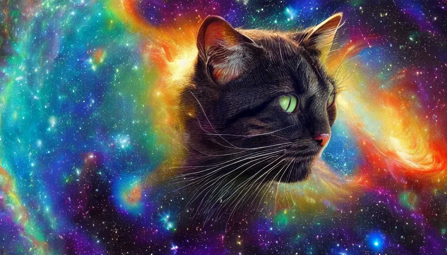 Image similar to cat god swimming in between galaxies, painting, detailed, heavenly, 4 k