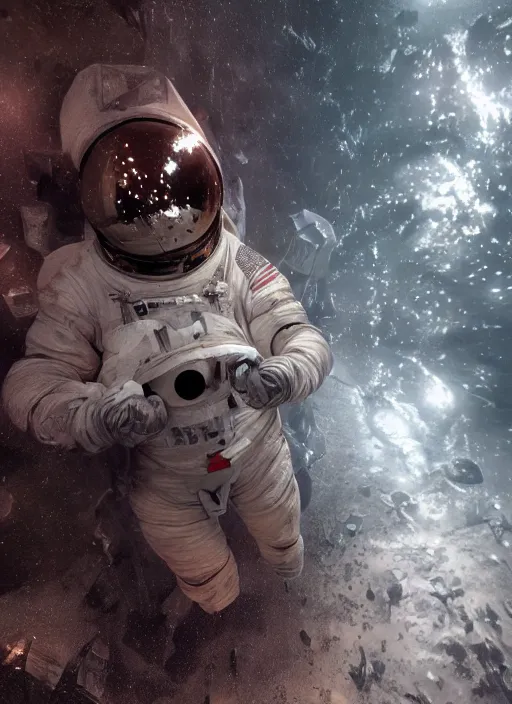 Image similar to poster art by craig mullins astronaut in futuristic dark and empty spaceship underwater. infrared glowing lights. complex and hyperdetailed technical suit. reflection and dispersion materials. rays and dispersion of light. volumetric light. 5 0 mm, f / 3 2. noise film photo. flash photography. unreal engine 4, octane render. interstellar movie art