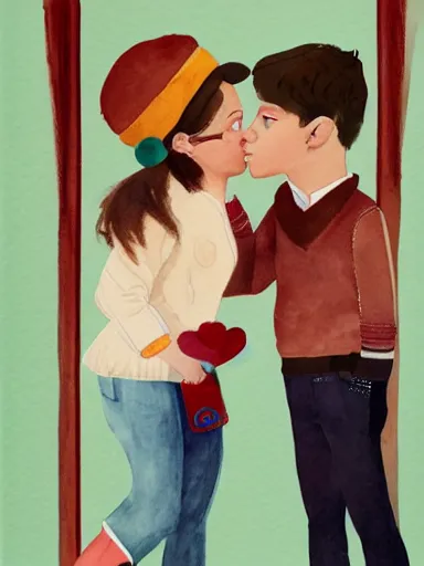 Prompt: water color painting, artwork by wes anderson, of a solo individual portrait of a guy and a girl kissing, dapper, simple illustration, nostalgic, very realistic, full of details, trending on artstation