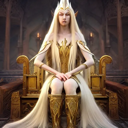 Image similar to tall elven queen sitting on the throne, long white hair, pale skin, golden coloured eyes, stunning 3 d render inspired art by greg rutkowski and xiang duan and thomas eakes, realistic, highly detailed attributes and atmosphere, dim volumetric cinematic lighting, 8 k octane detailed render, post - processing, masterpiece,