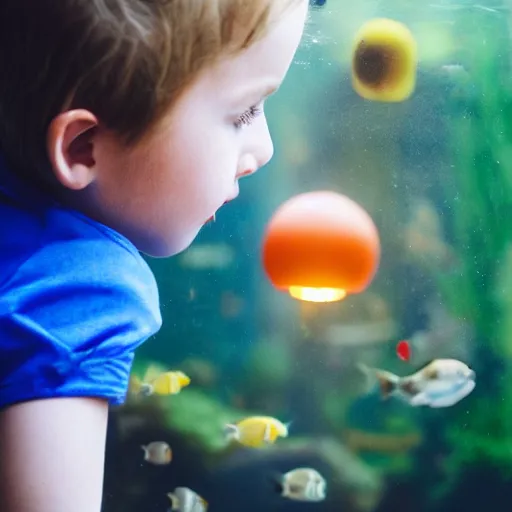 Prompt: closeup portrait of beautiful kid looking through a aquarium fish ball, the kid is in a tent with a lantern, excitement, surprise, happiness, professional photoshoot, kodak portra, photographed in film, soft and detailed, realistic, bokeh