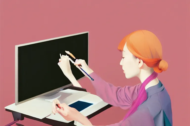 Prompt: beautiful illustration of a female artist painting an artwork on a computer screen by Hsiao-Ron Cheng, trending on art station