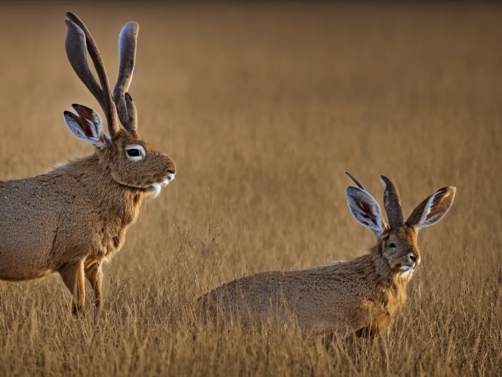 Image similar to a photograph of a jackalope grazing in a field, by national geographic, ultra real, 8 k, high resolution, golden hour, depth of field, nature photography