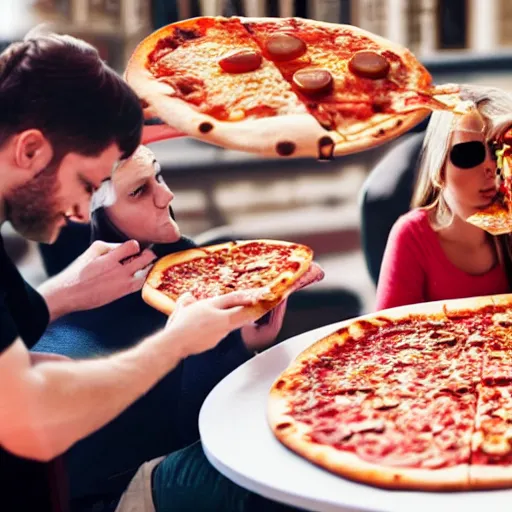 Prompt: people eating pizza in a futuristic city, 8k ultra hd, hyper detailed