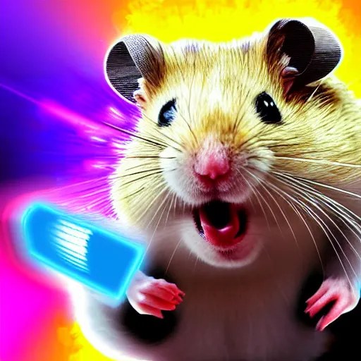 Image similar to evil hamster as the villain in a james bond film with head mounted laser cannons, digital art