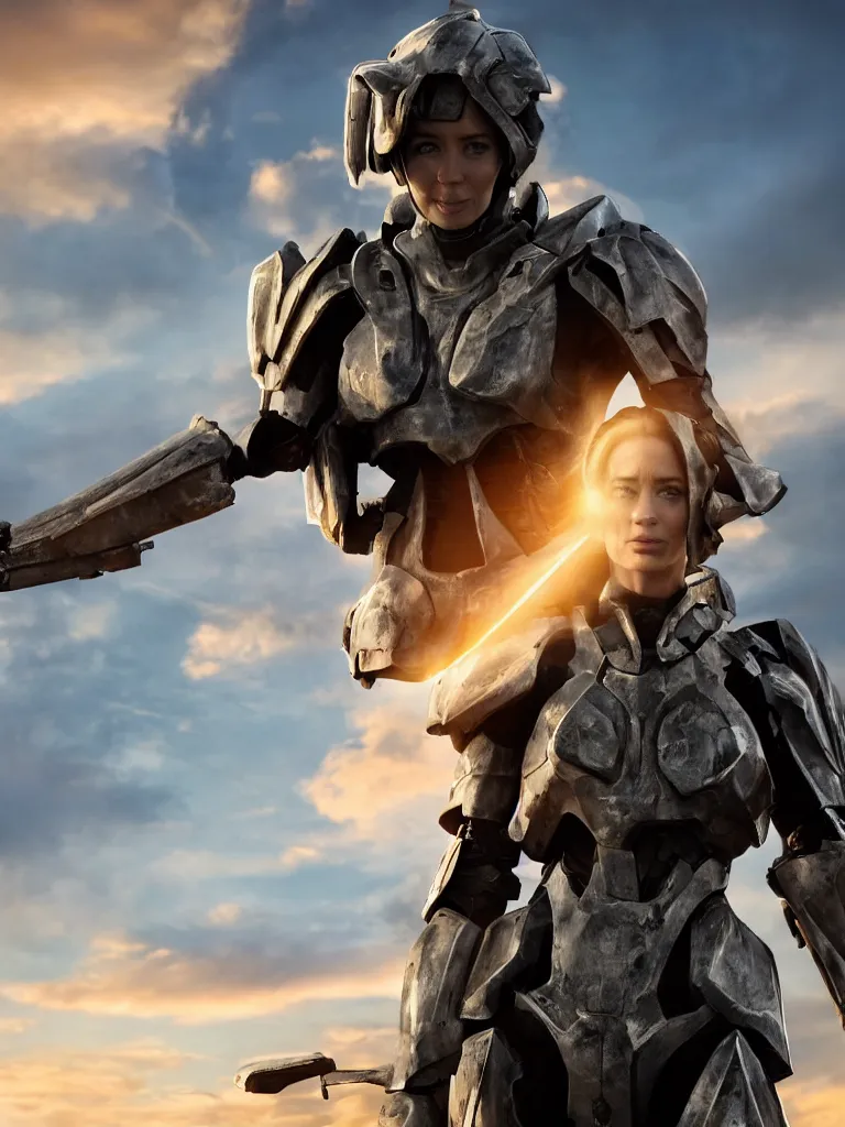 Image similar to emily blunt in futuristic power armor, close up portrait, solitary figure standing atop a pile of rubble, holding a sword on her shoulder, sunset and big clouds behind her