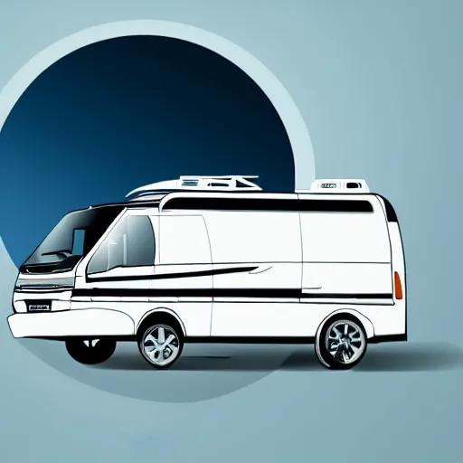 Image similar to very very very stylized minimal vector graphic of a ford transit motorhome, hills and sunset, white background, all enclosed in a circle, professional minimal graphic design cartoon