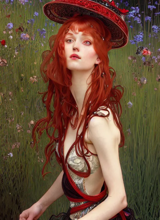 Image similar to a highly detailed illustration of tall beautiful red haired lady wearing black spaghetti strap dress and sun hat, elegant pose, perfect face, perfect body, perfect eyes, by alphonse mucha, intricate, elegant, highly detailed, centered, digital painting, artstation, concept art, smooth, sharp focus, league of legends concept art, wlop.