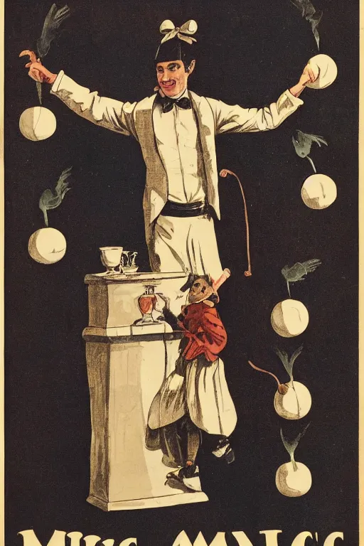 Image similar to an old magic poster showing a magician performing the cups and balls trick