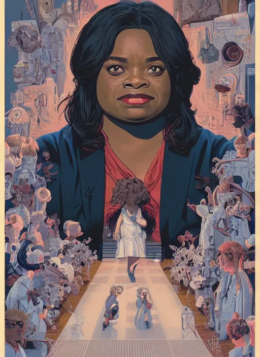 Image similar to poster artwork by Michael Whelan and James Jean, of Octavia Spencer has a voice in her head, reality is a labyrinth, psychological thriller from scene from Twin Peaks, clean, simple illustration, nostalgic, domestic, full of details