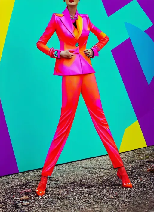 Image similar to bright trouser suit for a rave, bright colors, many details, prints, photo for a magazine, photo for a store, fashion photography, Vogue, 135 mm, cinematic, hyper realism, high detail, 8k, Two models in the frame, dynamic pose,Smooth skin, perfect face