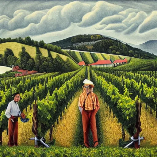 Prompt: Hyperrealism traditional austrian vineyard with workers, painting by MC Escher