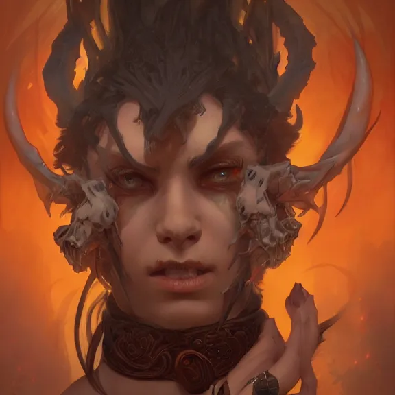 Image similar to beautiful illustrated portrait of a demon lord, painted portrait, 4k, trending on artstation, octane render, art by artgerm and greg rutkowski and alphonse mucha and craig mullins and James Jean and Andrei Riabovitchev and Marc Simonetti and peter mohrbacher