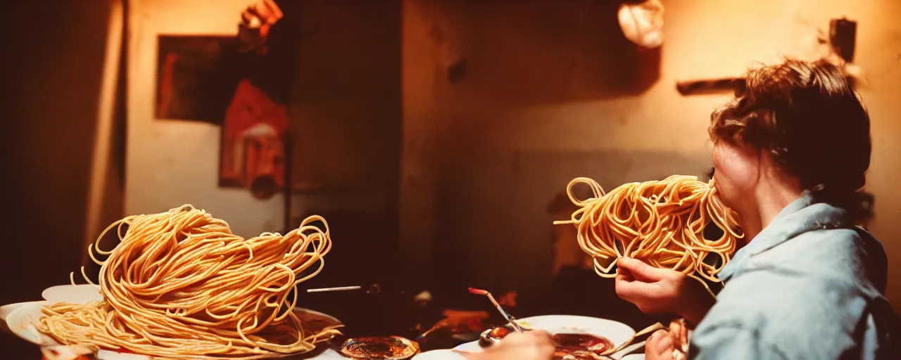 Image similar to an artist painting a portrait with spaghetti, canon 5 0 mm, cinematic lighting, photography, retro, film, kodachrome, closeup