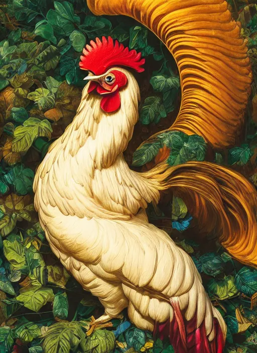 Prompt: masterpiece beautiful seductive flowing curves rooster portrait amongst leaves, extreme close up shot, thick set features, yellow ochre ornate medieval dress, laying amongst foliage mushroom forest circle arch, frederic leighton and kilian eng and rosetti, 4 k