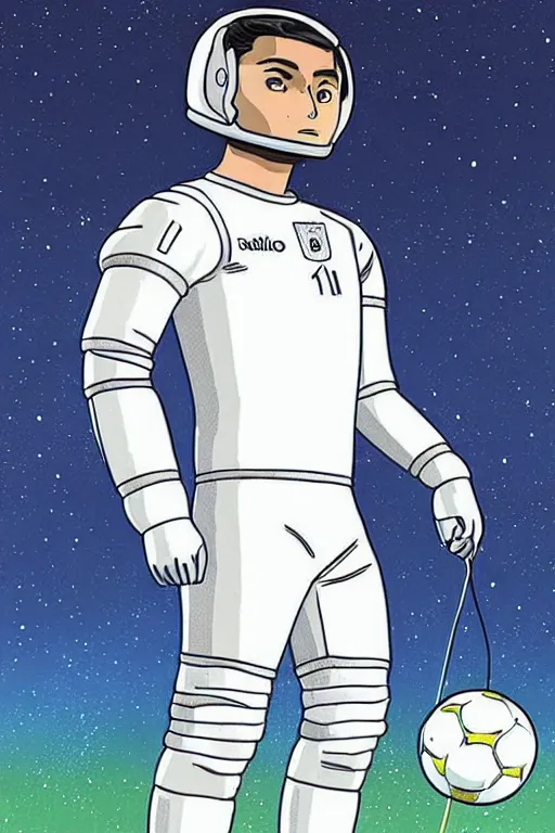 Image similar to portrait of cristiano ronaldo with astronaut armor and helmet, majestic, solemn, by ghibli style