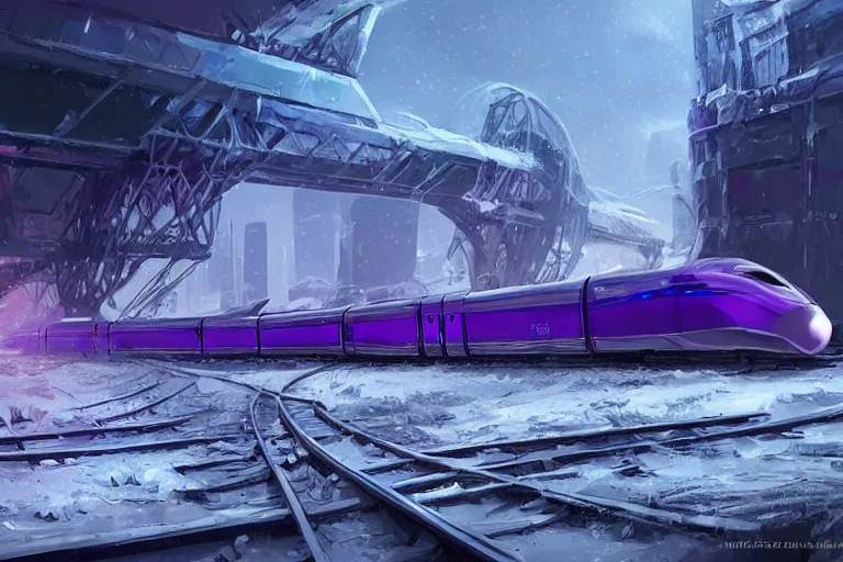 Prompt: willy wonka's grand intricate futuristic purple colorful bullet train, post - apocalyptic ice landscape in snowstorm, concept art, artstation, highly detailed, digital art