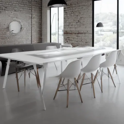 Prompt: a modern fashionable white wooden table design in a white studio environment