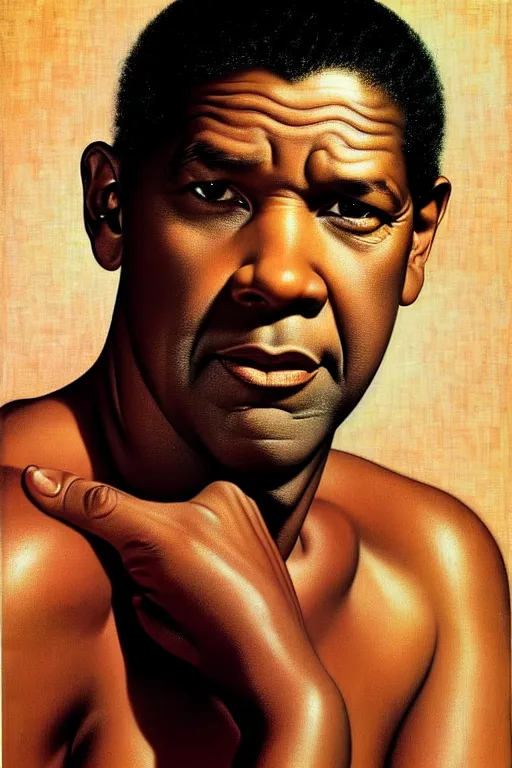 Image similar to denzel washington by gil elvgren and norman rockwell and rob gonsalves and hajime sorayama, hyperrealistic, high detail, ultra detailed, highly detailed face, ruffled fabric