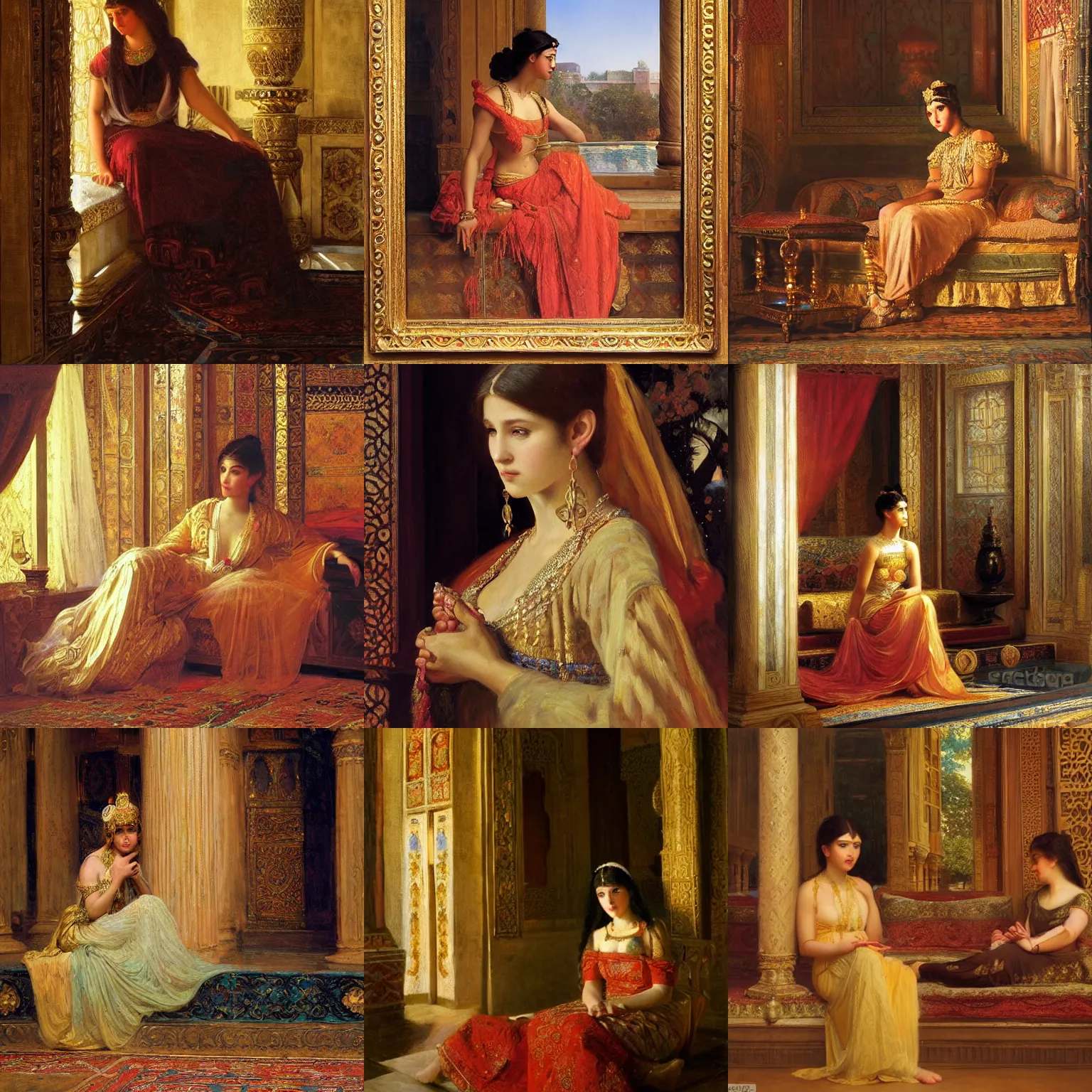 Prompt: orientalism painting of a beautiful princess in a palace by edwin longsden long and theodore ralli and nasreddine dinet and adam styka, masterful intricate art. oil on canvas, excellent lighting, high detail 8 k