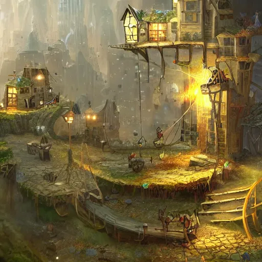 Prompt: a tiny miniscule town living on the thread of a spiders web, fantasy concept art, trending on art station, stunning visuals, creative, cinematic, ultra detailed