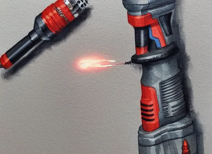 Image similar to concept art of a electril drill tool, pinterest, artstation trending, behance, watercolor, by coby whitmore, silver, laser light,