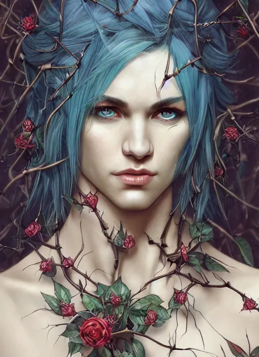 Prompt: close up portrait of a male elf with blue hair surrounded by thorns, male elf, thorns, d & d, face, fantasy, intricate, elegant, highly detailed, digital painting, artstation, concept art, smooth, sharp focus, illustration, art by artgerm and greg rutkowski and alphonse mucha