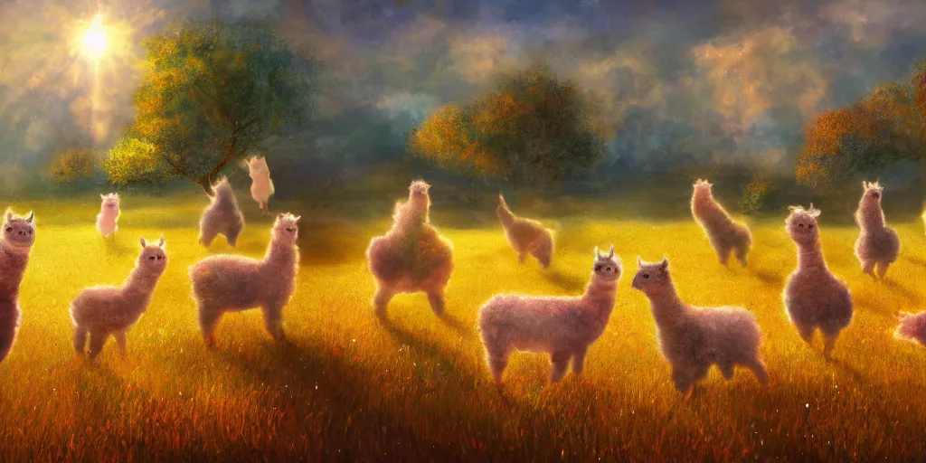 Image similar to magical fairy alpacas frolicking in a field, autumn, sparkles, light beams, digital art, oil painting, fantasy, 8 k, trending on artstation