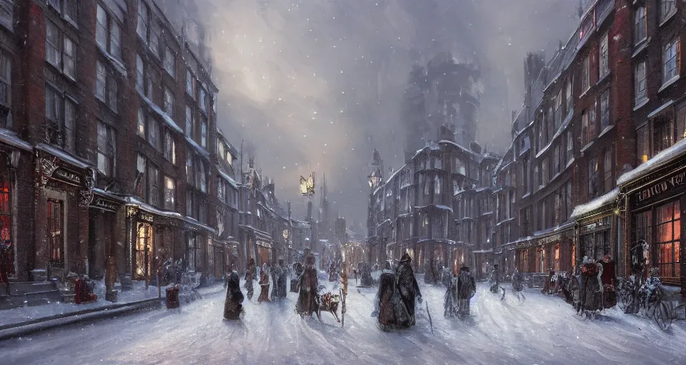 Prompt: snowy christmas victorian london, street scene, street level, whitechapel, hyperdetailed, artstation, cgsociety, 8 k