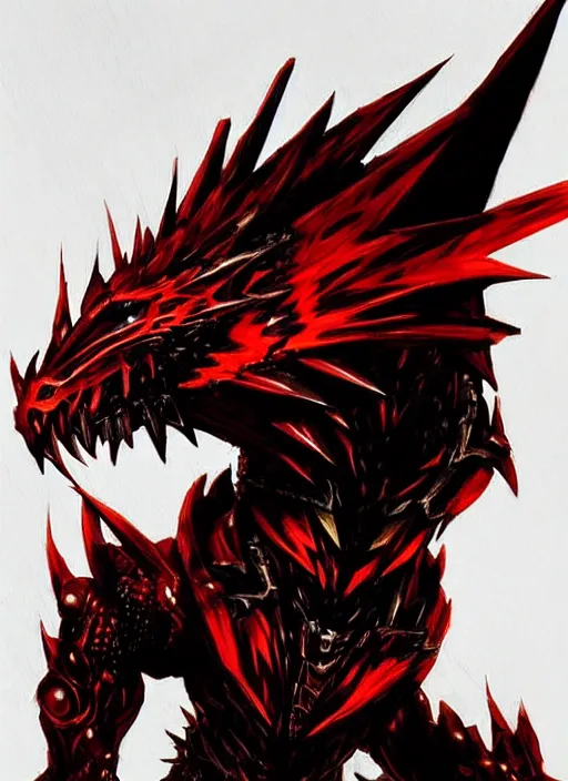 Image similar to Red and gold scaled dragon with blue eyes. In style of Yoji Shinkawa and Hyung-tae Kim, trending on ArtStation, dark fantasy, great composition, concept art, highly detailed.