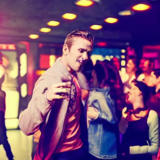 Prompt: photo of a 2 8 year old white man living thinking he's living the best life possible. he looks young for his age. he is at a dance club, it's as if he were in a music video. young woman are flocking to him and can be seen dancing around him in a seductive manner.