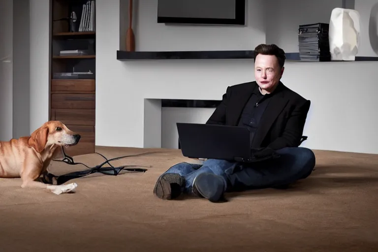 Image similar to elon musk dressed as sherif while hes on his laptop on amazon website with a dog, 8K, hyperrealistic, cinematic lighting