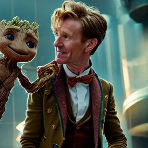 Prompt: newt scamander taking care of baby groot from guardians of the galaxy